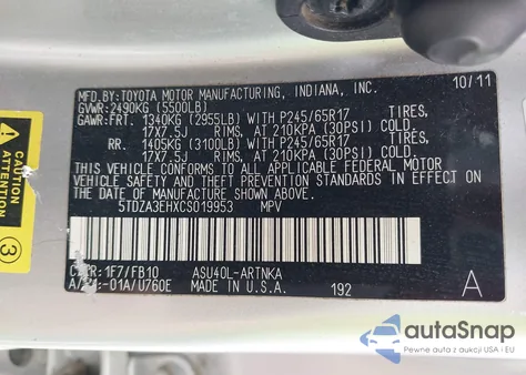 2012 Toyota Highlander z USA, uszkodzony, nr VIN 5TDZA3EHXCS019953